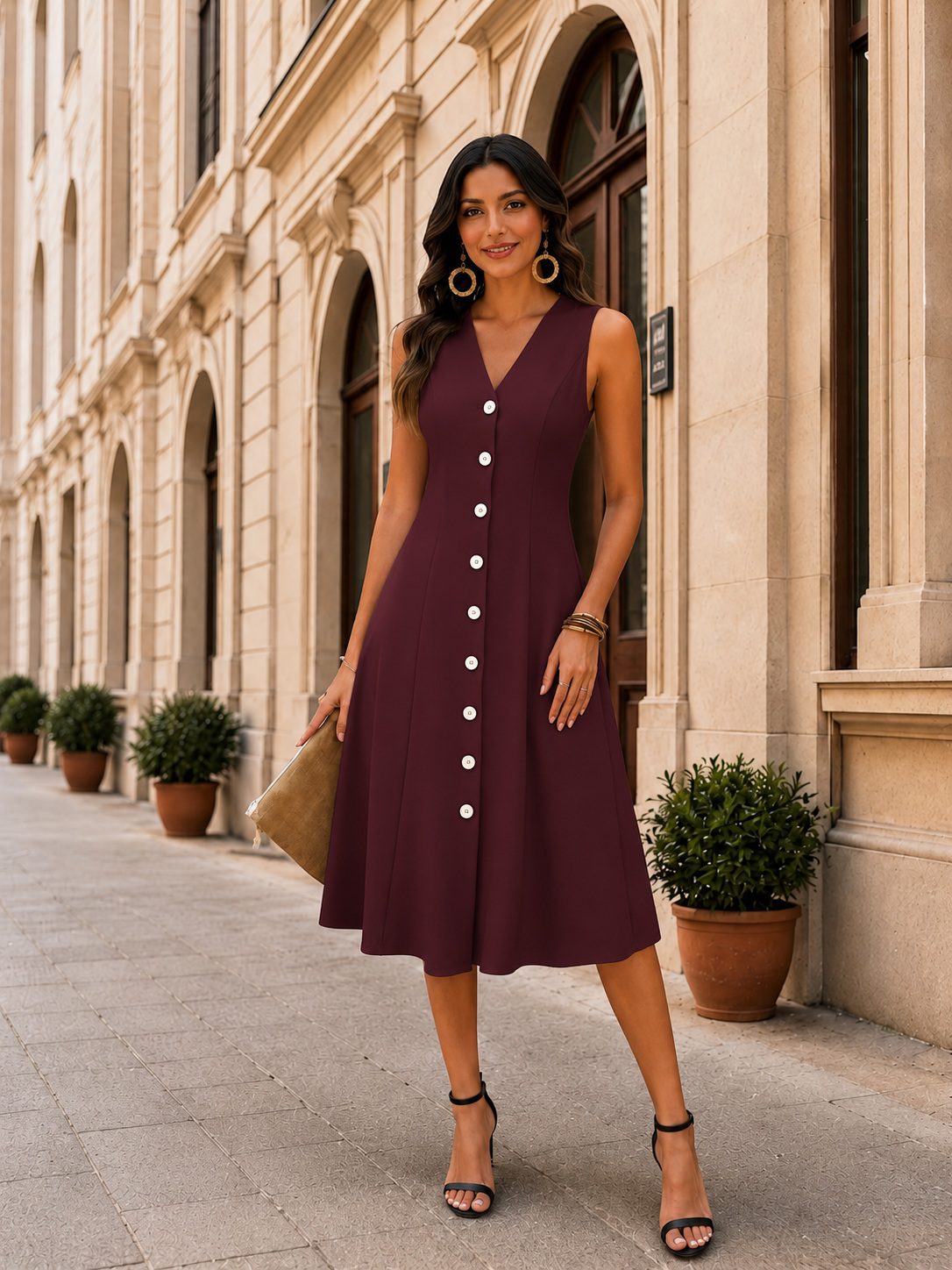 md1473_b.jpg Women's Solid Princess seam V neck dress - Image 1