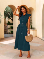 Women's Solid Placket dress with ruffle sleeve - Image 2